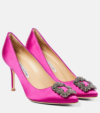 Shop Manolo Blahnik Hangisi 90 Embellished Satin Pumps In Pink