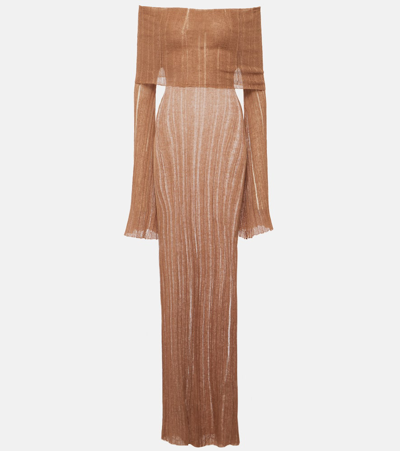 Shop Aya Muse Atra Off-shoulder Linen-blend Maxi Dress In Brown