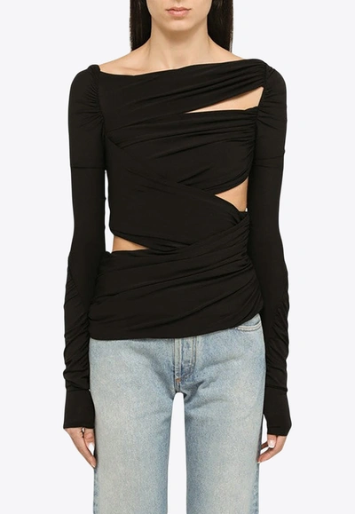 Shop Attico Cut-out Long-sleeved Drape Top In Black