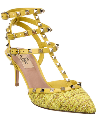 Shop Valentino Rockstud Caged 65 Leather & Tweed Ankle Strap Pump In Yellow