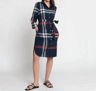 Shop Hinson Wu Kathleen 3/4 Sleeve Stretch Cotton Poplin Dress In Navy Plaid In Multi