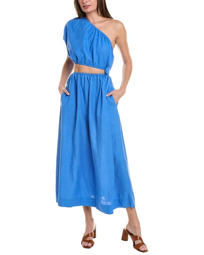 Shop Farm Rio One-shoulder Linen-blend Dress In Blue