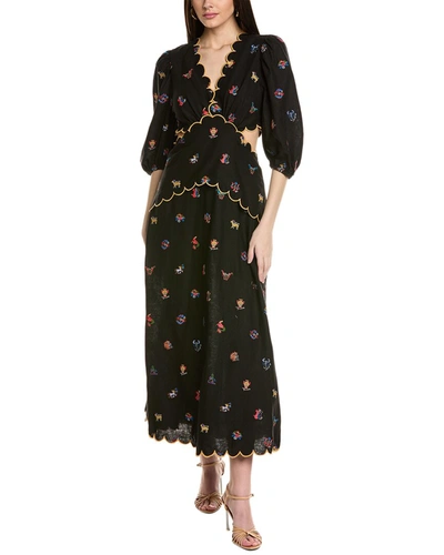 Shop Farm Rio Cross Stitch Embroidered Linen-blend Maxi Dress In Black