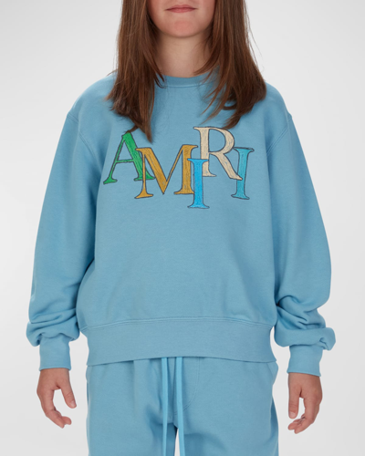 Shop Amiri Kid's Staggered Scribble Logo Crewneck In Air Blue