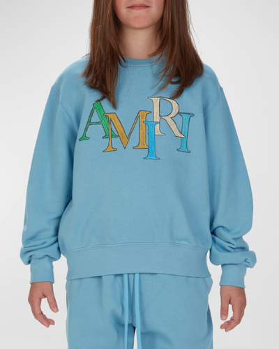 Amiri Kids Logo Staggered Scribble Sweatshirt In Air Blue