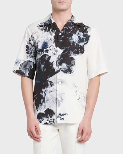 Shop Alexander Mcqueen Men's Dutch-floral Print Short-sleeve Shirt In Blackmulti