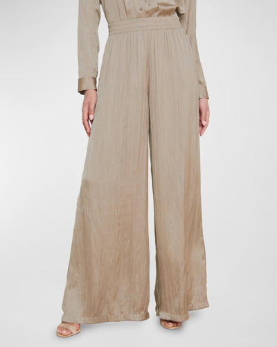 Shop L Agence Lillian Crinkled Satin Wide-leg Pants In Cappuccino