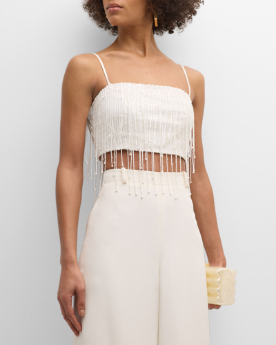 Shop Ramy Brook Corrinne Embellished Crop Top In White Beaded Frin