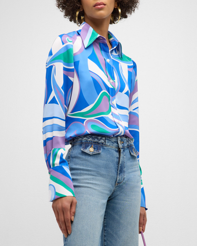Shop Ramy Brook Retro-printed Victoria Button-front Blouse In Marrakech Blue Re