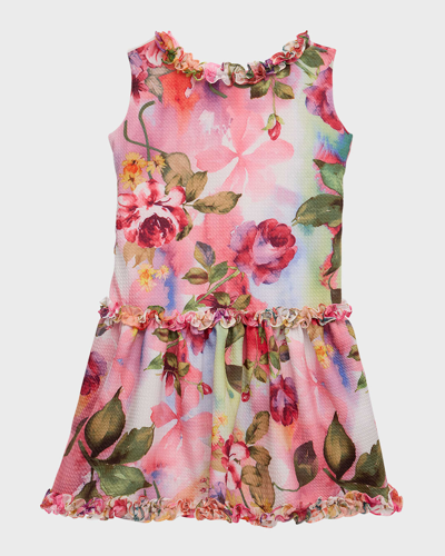 Shop Helena Girl's Ruffled Sleeveless Textural Floral Knit Dress In Pink Floral