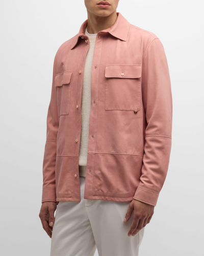 Shop Stefano Ricci Men's Suede Patch Pocket Overshirt In Light Pink