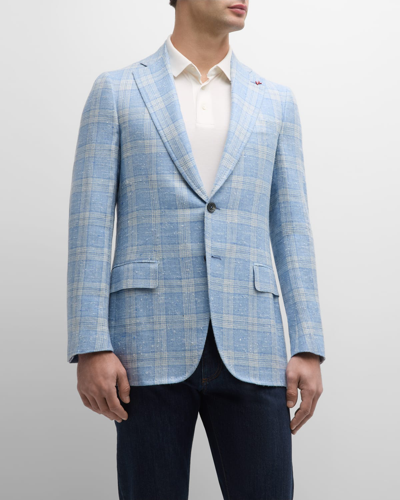 Shop Isaia Men's Plaid Linen-blend Sport Coat In Open Blue