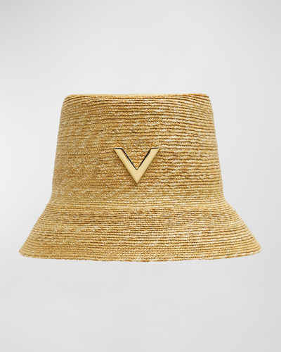 Shop Valentino V-signature Braided Straw Bucket Hat In 0ne Naturale