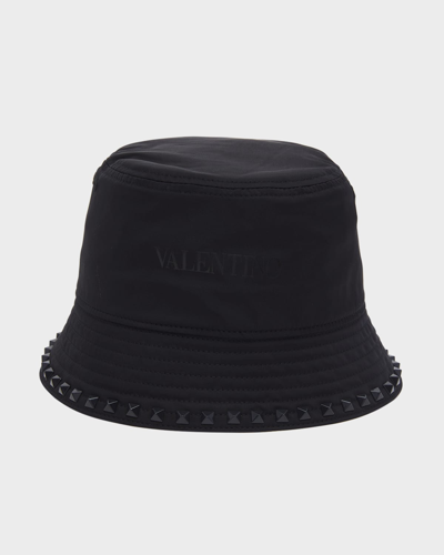 Shop Valentino Men's Tonal Rockstud Logo Bucket Hat In Navy