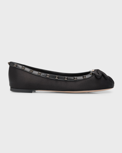 Shop Valentino Rockstud Satin Bow Ballerina Flats In 0no Nero