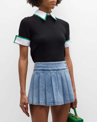 Shop Alice And Olivia Aster Short-sleeve Collared Pullover With Cuffs In Black Combo