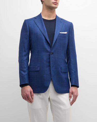 Shop Kiton Men's Windowpane Cashmere-silk Sport Coat In Blue
