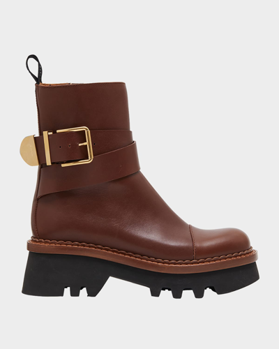 Shop Chloé Owena Leather Buckle Boots In Brunet Brown