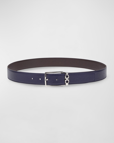 Shop Ferragamo Men's Gancini Reversible Revival Leather Belt In Midnight