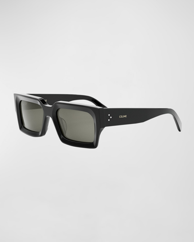 Shop Celine Bold 3 Dots Beveled Acetate Rectangle Sunglasses In Shiny Black Smo