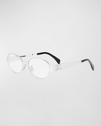 Shop Celine Triomphe Metal Oval Glasses In Shiny Palladium