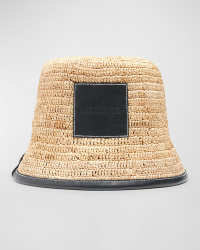 Shop Jacquemus Le Bob Soli Raffia & Black Leather Bucket Hat