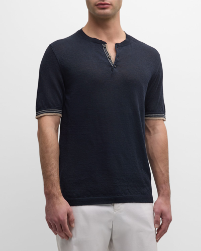 Shop Isaia Men's Linen-cotton Short-sleeve Polo Sweater In Dark Blue