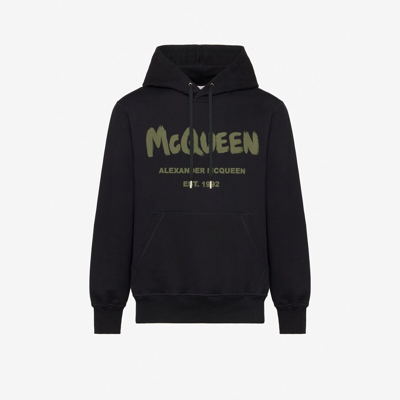 Shop Alexander Mcqueen Mcqueen Graffiti Hooded Sweatshirt In Black/khaki