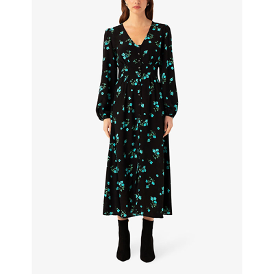 Shop Ro&zo Women's Black V-neck Floral-print Woven Midi Dress