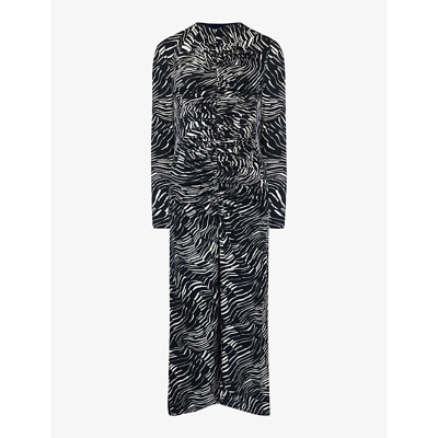 Shop Ro&zo Women's Black Animal-print Ruched Stretch-woven Midi Dress