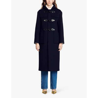 Shop Sandro Women's Bleus Contrast-trim Wool-blend Duffle Coat