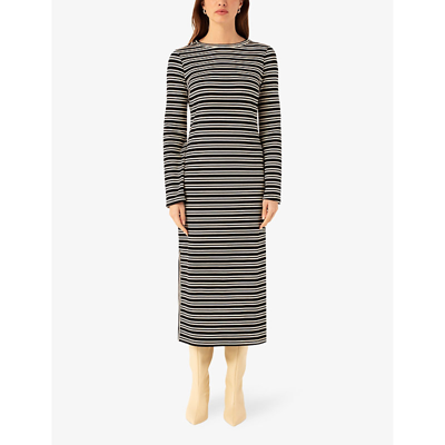 Shop Ro&zo Women's Black/white Striped Fluted-sleeve Stretch-woven Midi Dress