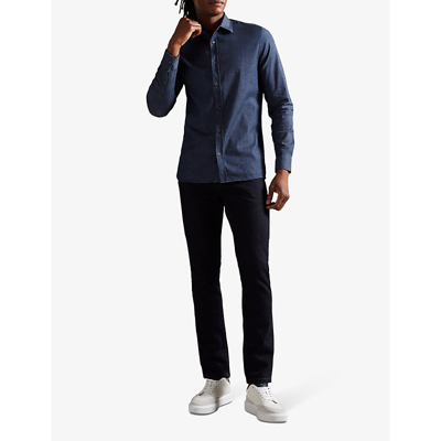 Shop Ted Baker Loders Slim-fit Long-sleeve Stretch-denim Shirt In Blue