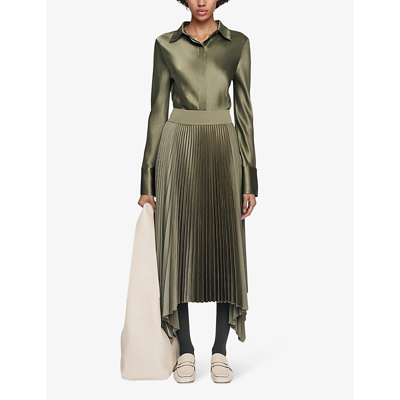 Shop Joseph Ade Pleated Satin Midi Skirt In Dark Olive