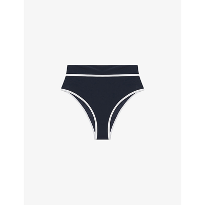 Shop Reiss Women's Navy/white Cristina High-rise Stretch-nylon Bikini Bottoms