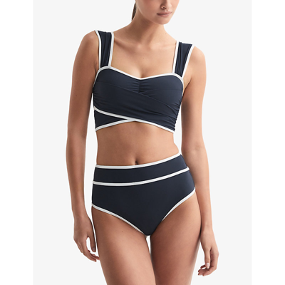 Shop Reiss Women's Navy/white Cristina High-rise Stretch-nylon Bikini Bottoms
