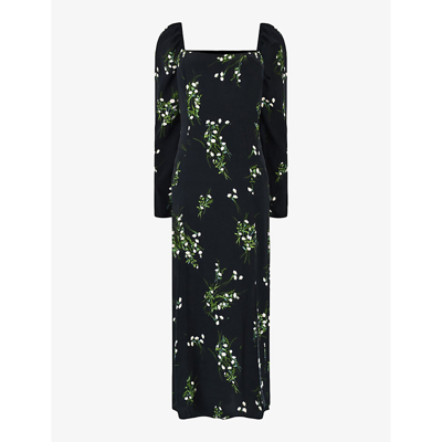 Shop Ro&zo Square-neck Floral-print Woven Midi Dress In Black