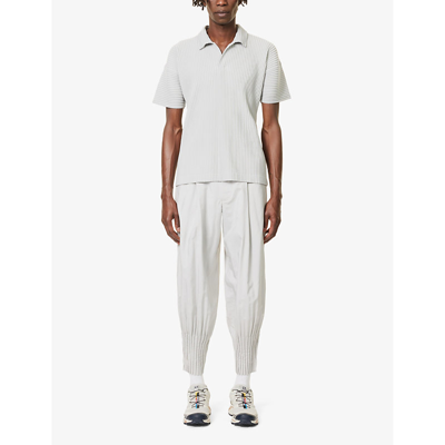 Issey Miyake Ribbed V-neck Polo Shirt With Striped Pattern In 11-light Gray