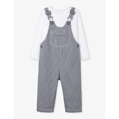 Shop The Little White Company Vy Stripe-print Patch-pocket Organic-cotton Dungarees 0-18 Months In Navy