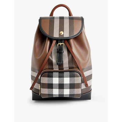 Shop Burberry Check-print Medium Coated Canvas Backpack In Dark Birch Brown