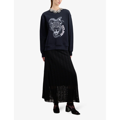 Shop The Kooples Womens Black Snake-leopard Serigraphy Embellished Cotton-jersey Sweatshirt