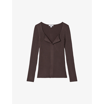 Shop Reiss Monica Open-collar Stretch Rib-knit Top In Burgundy