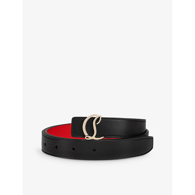 Shop Christian Louboutin Women's Black/gold Logo-buckle Leather Belt