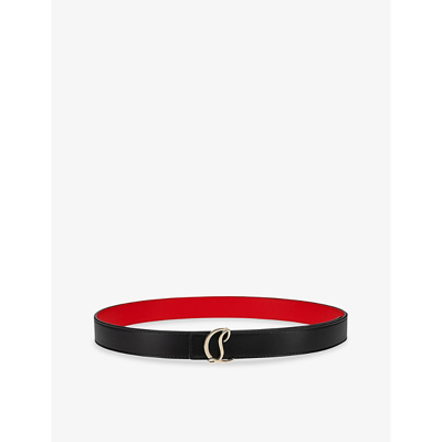 Shop Christian Louboutin Women's Black/gold Logo-buckle Leather Belt