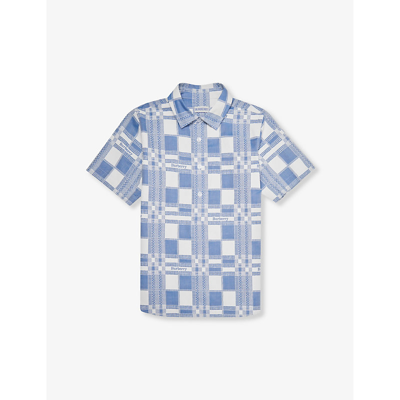 Shop Burberry Ramon Checked Short-sleeve Cotton Shirt 8-14 Years In Pale Blue Ip Pat