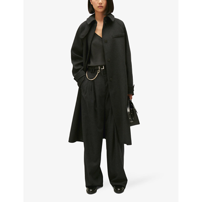 Shop Claudie Pierlot Women's Noir / Gris Raglan-sleeve Buttoned-tab Wool-blend Coat