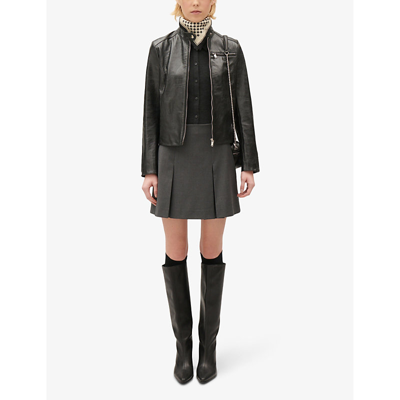 Shop Claudie Pierlot Women's Noir / Gris Stand-collar Slim-fit Leather Jacket