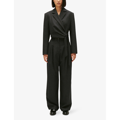 Shop Claudie Pierlot Womens Noir / Gris Peak-lapels Wrap-over Wool-blend Cropped Blazer