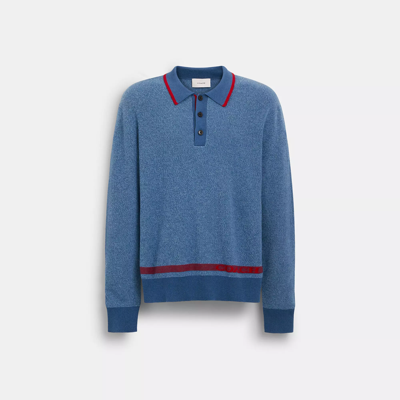 Shop Coach Knit Long Sleeve Polo In Blue