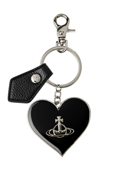 Shop Vivienne Westwood Logo Heart Silver-plated Keyring In Black And Silver